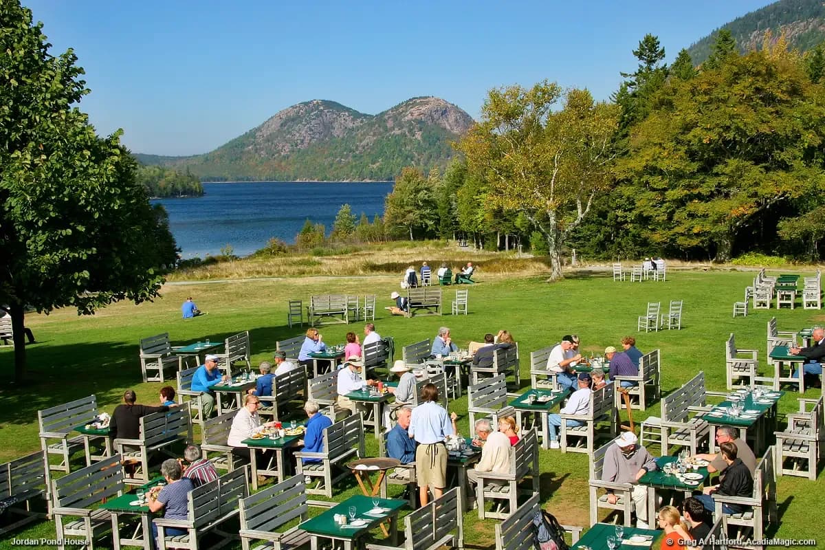 Jordan Pond House serves lunch, afternoon tea, and dinner inside and on a broad porch