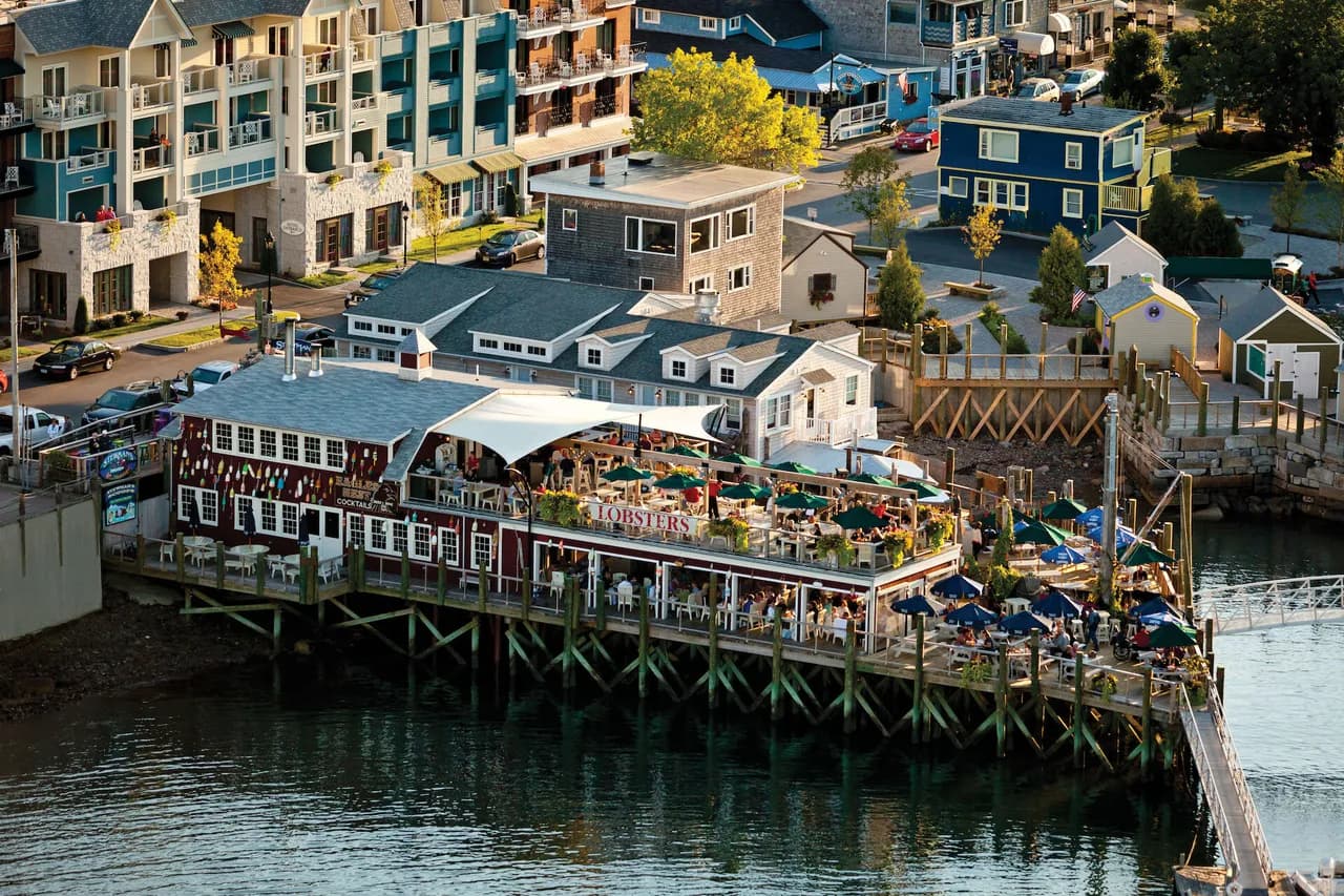 View of the Eagles Nest restaurant on pilings in Bar Harbor, Maine, USA Stock Photo Alamy