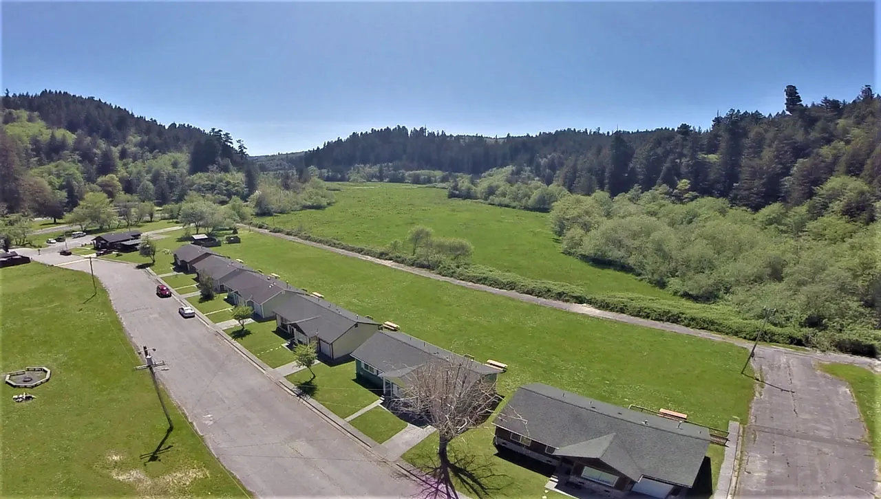 Panoramic view from above of Elk Meadow Cabins