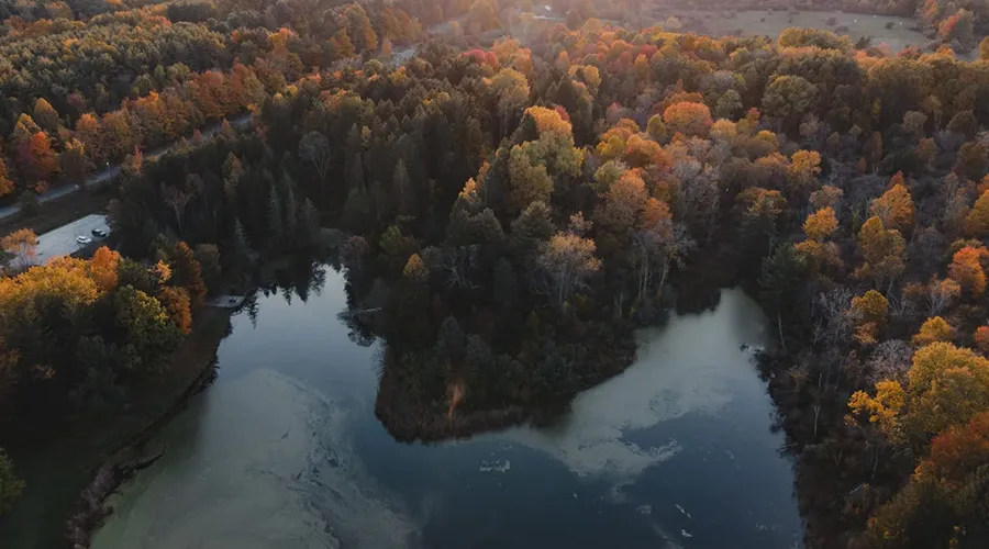 The Cuyahoga River appears as a typical river, no longer displaying rainbow colors