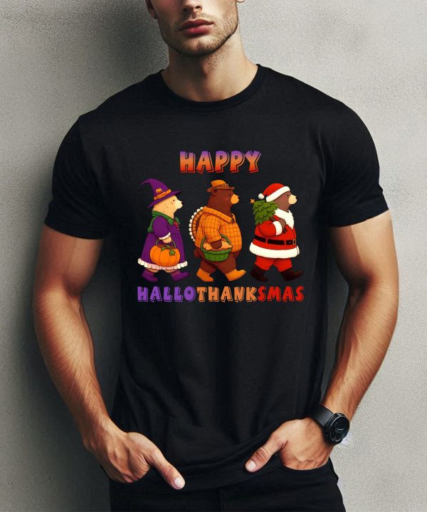 Happy Hallothanksmas Bear Halloween Thanksgiving Christmas T-Shirt