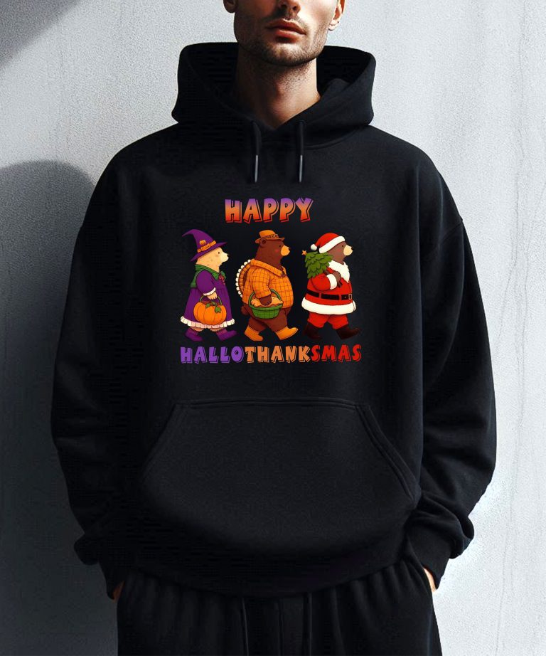 Happy Hallothanksmas Bear Halloween Thanksgiving Christmas Hoodie