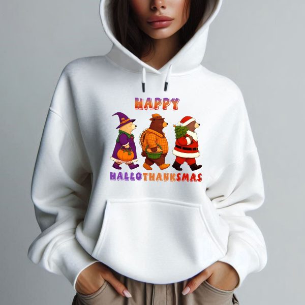 Happy Hallothanksmas Bear Halloween Thanksgiving Christmas Hoodie