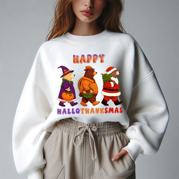 Happy Hallothanksmas Bear Halloween Thanksgiving Christmas Sweatshirt