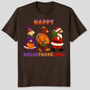 Happy Hallothanksmas Bear Halloween Thanksgiving Christmas T-Shirt