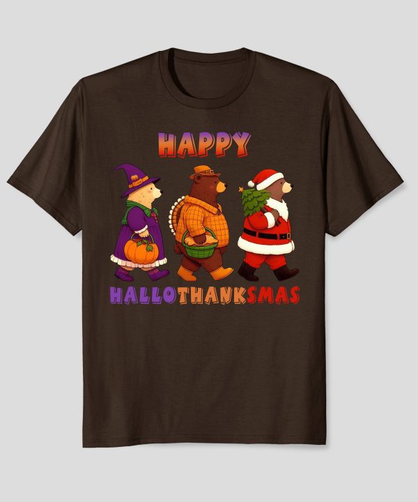 Happy Hallothanksmas Bear Halloween Thanksgiving Christmas T-Shirt