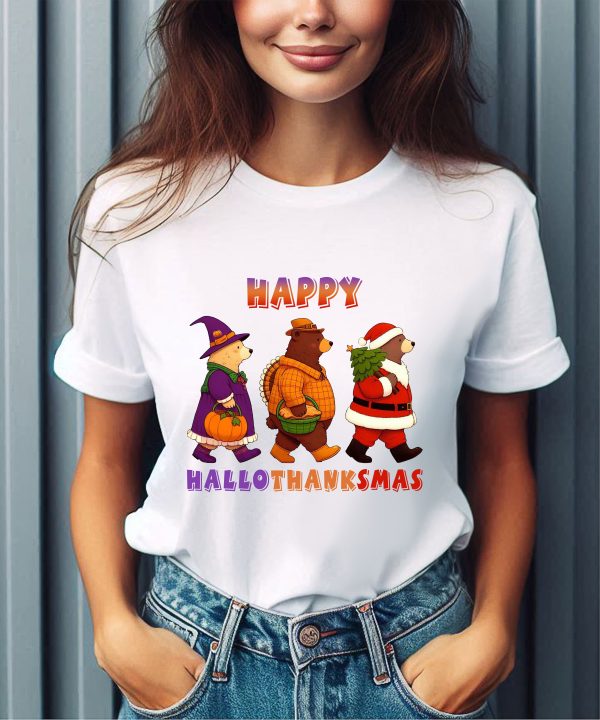 Happy Hallothanksmas Bear Halloween Thanksgiving Christmas T-Shirt