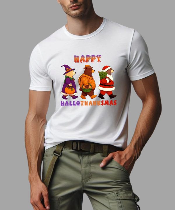 Happy Hallothanksmas Bear Halloween Thanksgiving Christmas T-Shirt